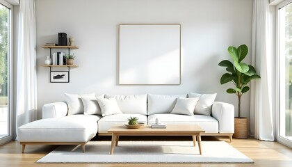 A modern living room with a large white sofa, wooden coffee table, and a blank white framed wall art