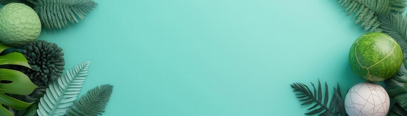 A lush arrangement of green foliage and decorative spheres on a teal background, creating a fresh and vibrant atmosphere.