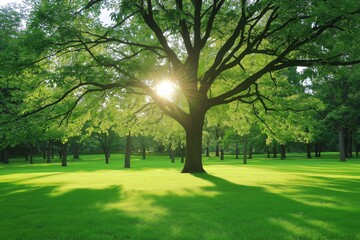 Obraz premium A lush green park with a big tree, illuminated by sunlight, casting shadows and creating a tranquil environment.