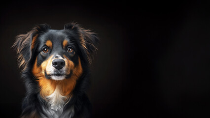Studio portrait of a dog on a black background, free space on the right.