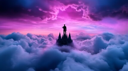 Obraz premium Surreal Sunset Cloudscape Man on Mountaintop Silhouette