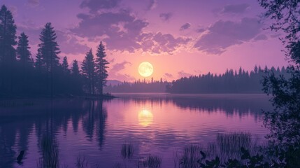 Fototapeta premium Serene Sunset with Full Moon Reflection