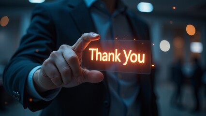 Businessman holding illuminated thank you message in office setting