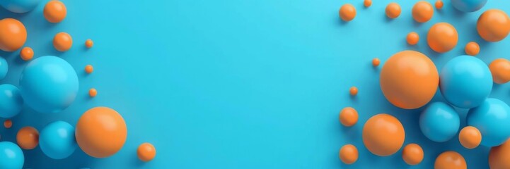 Front view of abstract 3d composition with orange balls on cylinders, design, blue