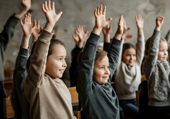Fototapeta premium Children Raising Hands in Classroom