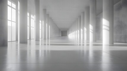 Fototapeta premium Minimalist architectural interior featuring bright white concrete columns and polished floor in an empty industrial space, with natural light streaming through windows. 