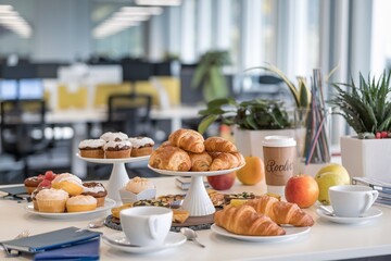 A delicious spread of croissants, pastries, fruits, and coffee, set up on a table in a modern office space, perfect for a corporate breakfast or a casual office party.