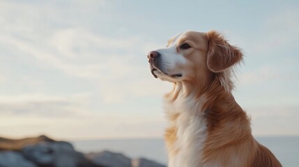 A golden retriever sits on a rocky shore, gazing out at the ocean, as the sun sets in the distance