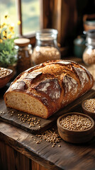 On a wooden table, a rustic loaf of rye bread surrounded by grains and a small bowl of seeds, surrounded by a warm, inviting atmosphere.
