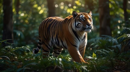 Majestic tiger walking through lush green jungle with dappled sunlight.