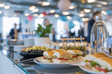 Delicious catering spread at a corporate office party. Sandwiches, appetizers, and drinks are arranged on a table, surrounded by blurred-out colleagues enjoying the event.