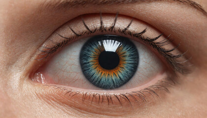 A close-up of a blue eye with a brown iris
