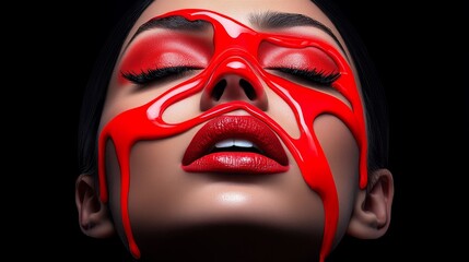 Red Liquid Dripping Makeup Woman Face Beauty Cosmetics Glamour Fashion