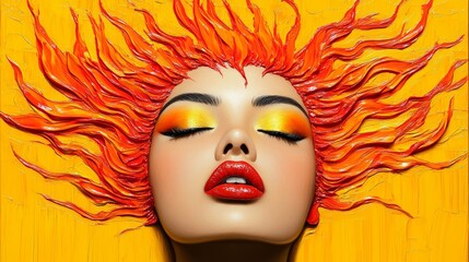 Fototapeta premium Fiery Sun Goddess Abstract Impasto Painting Woman s Face Orange Hair Yellow Background