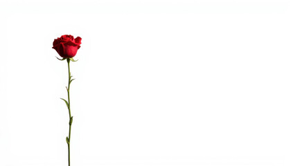 Obraz premium Single red rose on white background, minimal floral design with copy space