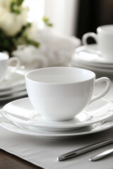 Fototapeta premium A sophisticated and elegant table setting featuring pristine white porcelain dinnerware.