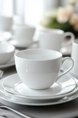 A sophisticated and elegant table setting featuring pristine white porcelain dinnerware.