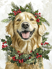 An illustration of a smiling Golden Retriever wearing a wreath of holly and mistletoe, set against a white background with soft colors, perfect for holiday and pet-themed designs.