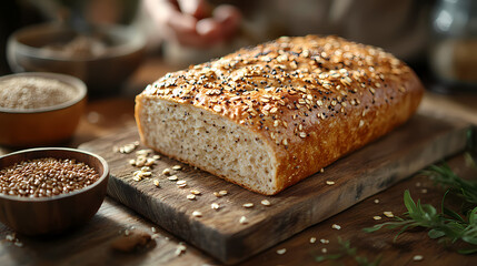 Naklejka premium On a wooden table, a rustic loaf of rye bread surrounded by grains and a small bowl of seeds, surrounded by a warm, inviting atmosphere.