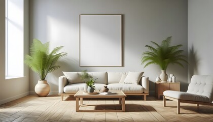 a wooden framed blank canvas poster mockup in white background