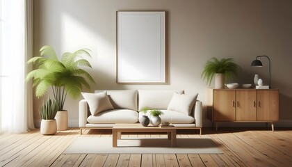 a wooden framed blank canvas poster mockup in white background