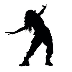 A woman is dancing in the air. She is wearing a hat and has long hair. She is wearing black pants and a black shirt