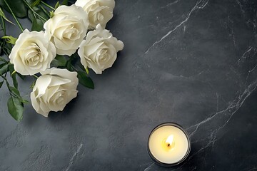 burning candlelight and white flowers tribute condolence memorial service announcement. with space for text an obituary, list of dead. Funeral concept