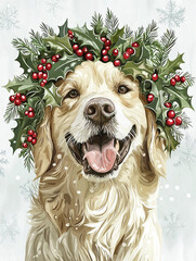 An illustration of a smiling Golden Retriever wearing a wreath of holly and mistletoe, set against a white background with soft colors, perfect for holiday and pet-themed designs.