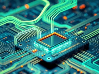 Futuristic 3D render of neon orange microchip with info symbol on motherboard, data flows between users and CPU, information, microchip
