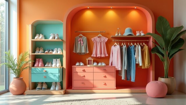 Vibrant Children's Apparel Display in a Cheerful Pop-up Store
