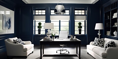 A blue and white room with a large couch and a desk with a computer