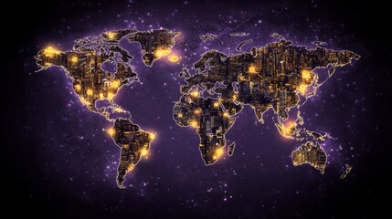 Fototapeta premium Global City Lights World Map Night View Illuminated Cities International Connectivity