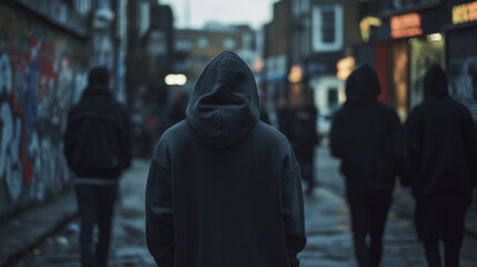 A group of young people or teens wearing hoodies in an urban area, there is a sense of menace, gang crime, wide landscape ratio 16:9