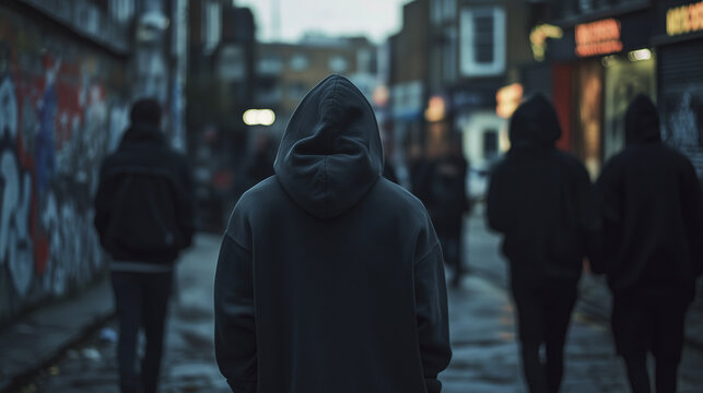A group of young people or teens wearing hoodies in an urban area, there is a sense of menace, gang crime, wide landscape ratio 16:9