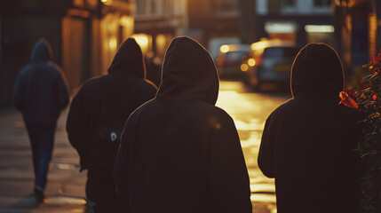 A group of young people or teens wearing hoodies in an urban area, there is a sense of menace, gang crime, wide landscape ratio 16:9