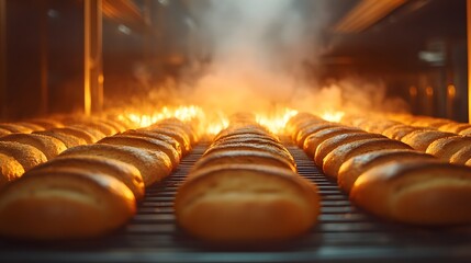 Steam rising from golden-brown bread loaves in industrial bakery oven, capturing artisanal baking process with visible heat waves and warm lighting.