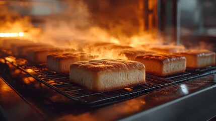 Steam rising from golden-brown bread loaves in industrial bakery oven, capturing artisanal baking process with visible heat waves and warm lighting.