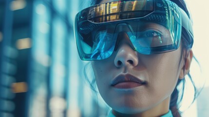 Businesswoman using AR technology outdoors, immersed in a high-tech digital experience, showcasing virtual reality and innovative vision in an urban setting