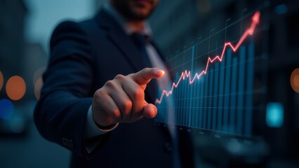 Businessman analyzing rising financial graph on virtual screen at night