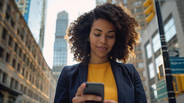 Professional woman using smartphone for texting or browsing social media outdoors while networking and engaging with apps on a mobile device