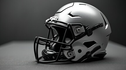 Fototapeta premium Sleek Silver And Black American Football Helmet On Display
