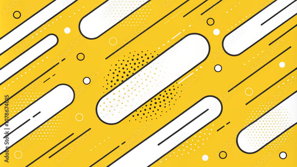 Poster abstract yellow background with geometric shapes and dotted patterns