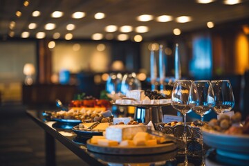 A sophisticated corporate party setup in an office environment, featuring an elegant spread of food and wine glasses. 