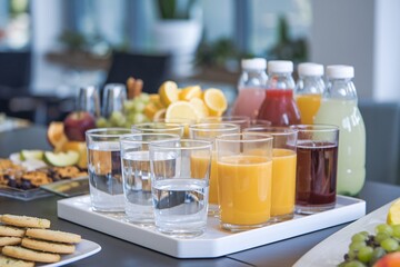 A vibrant spread of drinks and snacks ready for a corporate party in the office. Bottles of juice, water, and glasses of soda accompany fresh fruit and cookies, creating a festive atmosphere.