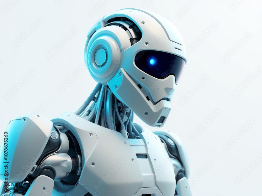 Poster futuristic gynoid with embedded computer chip in head, future, 3d render