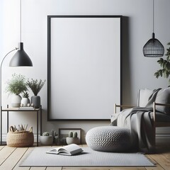 a black framed blank canvas poster mockup in white background