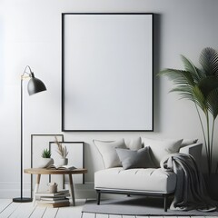 a black framed blank canvas poster mockup in white background