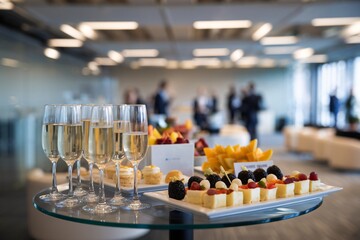 Luxurious office celebration featuring an elegant spread of gourmet cupcakes, pastries, and champagne flutes on a sophisticated buffet table.