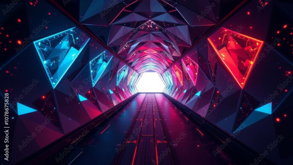 Poster futuristic metaverse triangle tunnel with polygon shapes and circuit boards generative ai, tunnel, c