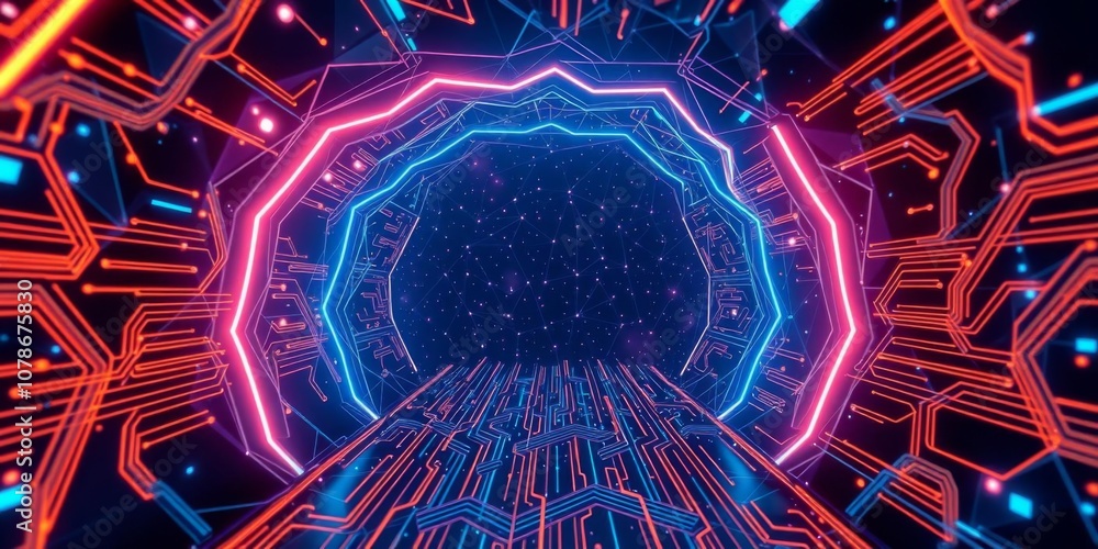 Poster futuristic metaverse tunnel with polygon shapes and circuit boards illuminated by generative ai, gen